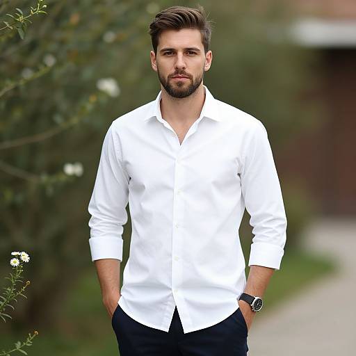 Photograph of a handsome, bearded man with dark hair, wearing a crisp white button-up shirt and dark pants, standing outdoors with greenery and