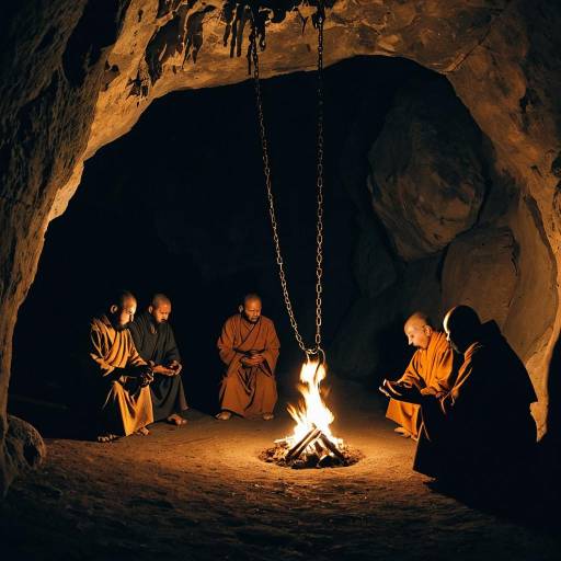 Monks Meditating Around Fire in Cave
