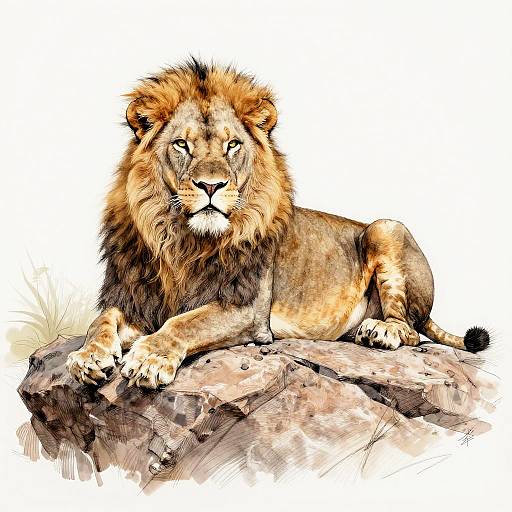 Digital drawing of a regal male lion with a thick, dark mane, lying on a rocky surface, gazing intently forward.