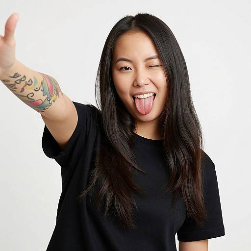 Playful Asian Woman with Colorful Tattoos