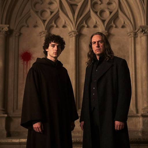 Dual Figures Against Gothic Stone Wall