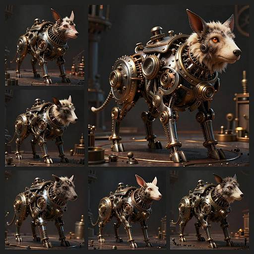 Photorealistic digital artwork of a robotic, cybernetic wolf with metallic joints, wires, and glowing red eyes, standing in a dimly lit