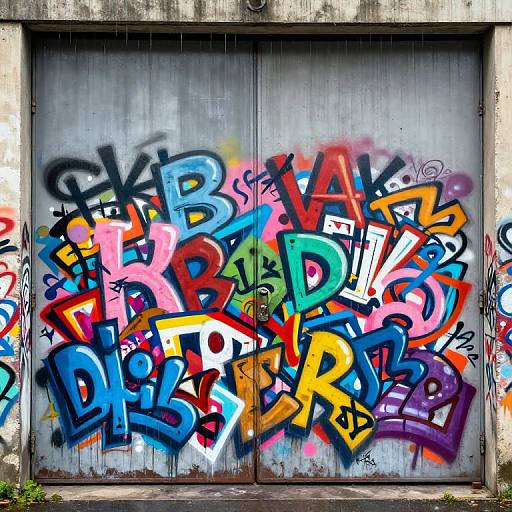 Vibrant graffiti on a weathered concrete wall, featuring colorful, bold letters in blue, red, yellow, and green, with intricate tags and