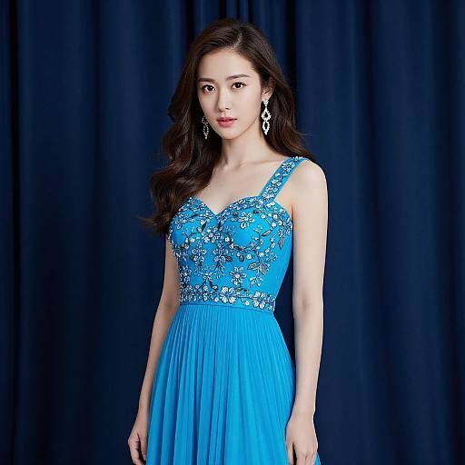Photograph of an Asian woman with long, wavy black hair wearing a blue, sleeveless gown with intricate silver embroidery and matching earrings, standing against