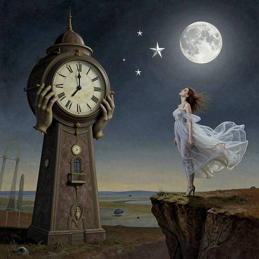 Digital artwork: Fairytale woman in flowing white dress stands on cliff, gazing at full moon, giant clock tower with hands, starry night