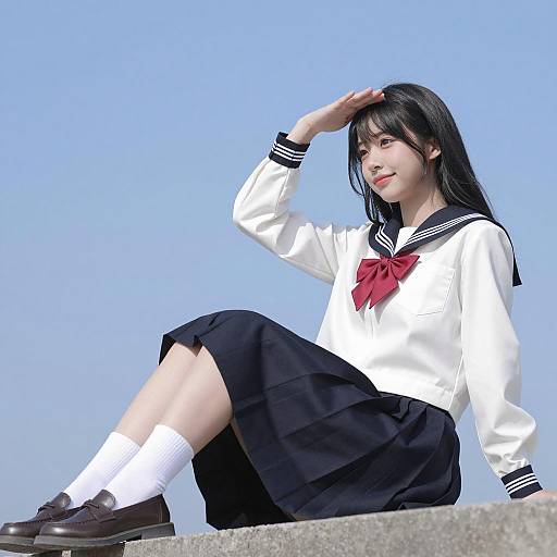 Young Woman in Japanese School Uniform Sitting Outdoors