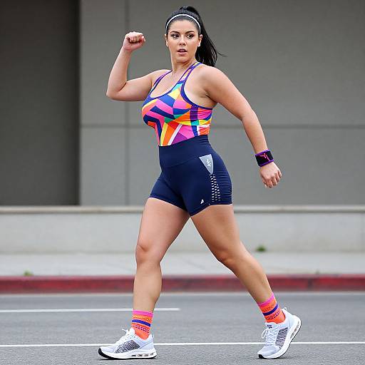 Photograph of a fit woman with dark hair in a ponytail, wearing a colorful geometric sports leotard, black shorts, and white sneakers,