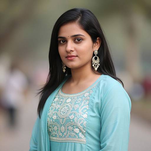 Photograph of a young Indian woman with medium brown skin, long black hair, wearing a light blue kameez with gold embroidery, large silver earrings
