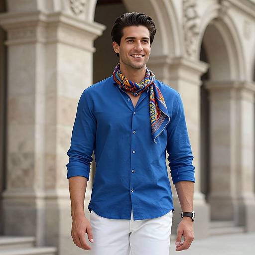 Photograph of a smiling man with dark hair, wearing a blue button-down shirt, white pants, and a colorful scarf, standing in front of orn