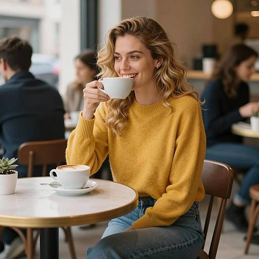Woman Enjoying Cappuccino in Café