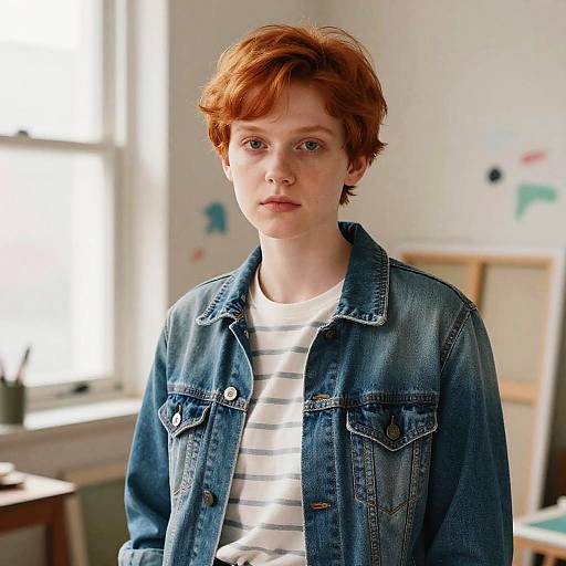 Photograph of a young, fair-skinned, red-haired girl with freckles, wearing a blue denim jacket over a white striped shirt, standing