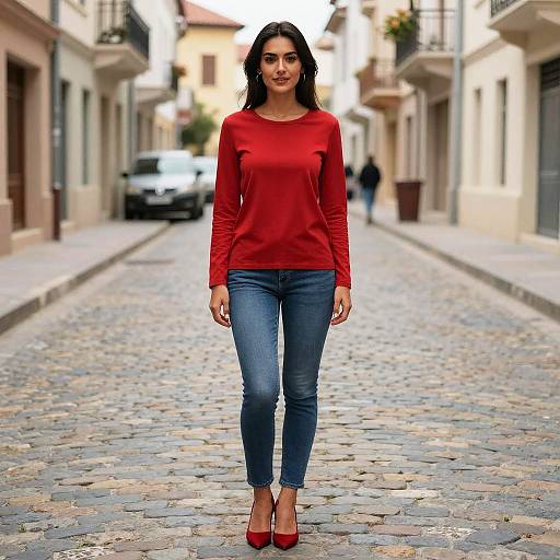 Woman in Red Top on Cobblestone
