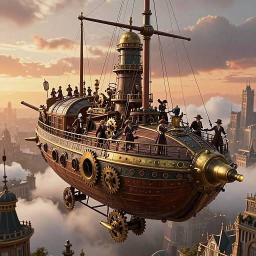 Steampunk airship with gear-adorned, brass cannon, and crew in Victorian attire soaring above a cityscape at sunset, surrounded by clouds