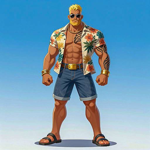 Muscular Man in Floral Shirt with Tribal Tattoos