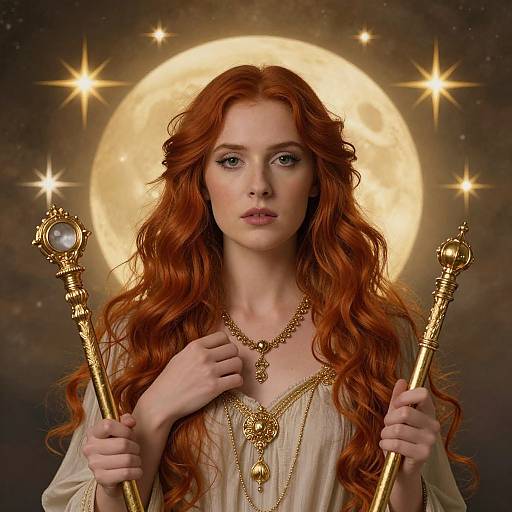 Photograph of a fair-skinned, red-haired woman with long wavy hair, holding two golden staffs, wearing a gold necklace, set against