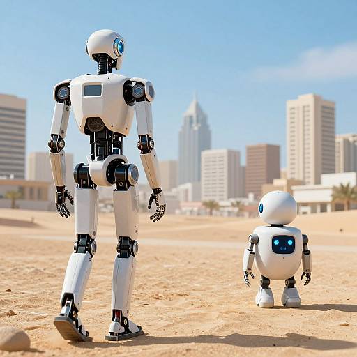 Photorealistic CGI of two white, black-accented robots in a sunny, desert cityscape with tall buildings in the background. Tall robot stands
