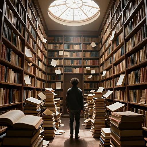 Photograph of a person with curly hair standing in a dimly lit, circular-ceiling-window library, surrounded by flying books and stacks.