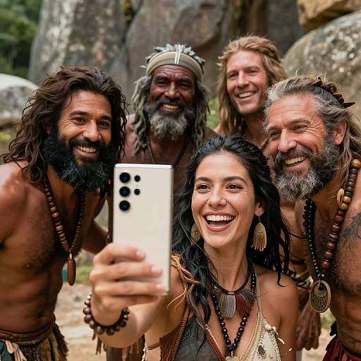 Photograph of smiling, tribal-style family with long hair, beards, and jewelry, taking a selfie outdoors with rocky background. Woman in front holds