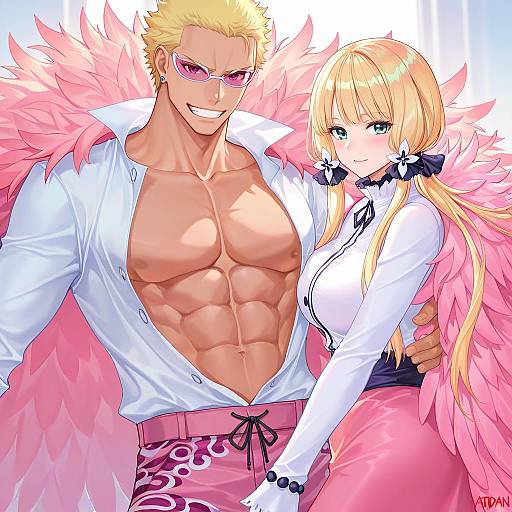 Illustration of Donquixote doflamingo, one piece in the style of Atdan