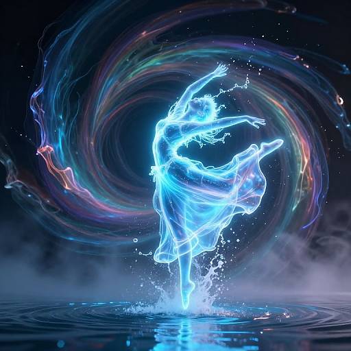 Digital CGI of a glowing blue, ethereal dancer mid-leap, surrounded by colorful, swirling light trails, splashing water below in a dark,