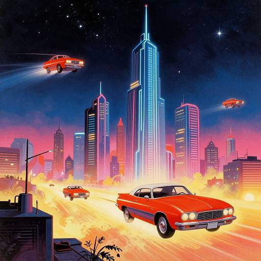 Digital illustration of a neon-lit, futuristic cityscape at night with flying red cars, tall illuminated skyscrapers, and vibrant orange-yellow street lights