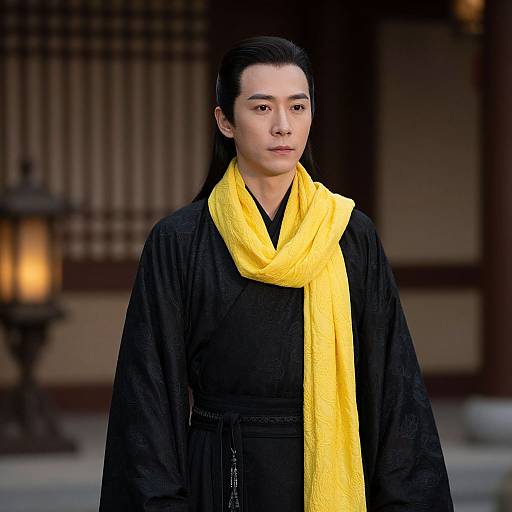 Photograph of an East Asian man with long black hair, wearing a black kimono and yellow scarf, standing in front of traditional Japanese wooden architecture with