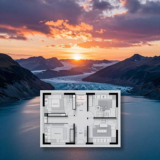 Photograph of a breathtaking sunset over mountainous landscape with a glacier, overlaying a detailed floor plan of a modern house.
