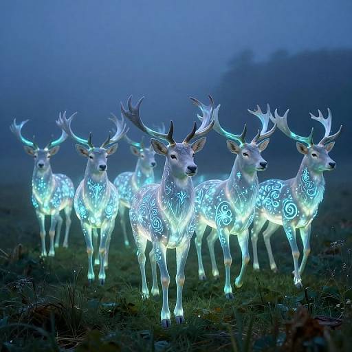 Photograph of glowing, ethereal blue and white deer with intricate luminescent patterns, standing in a misty, dark forest at night.