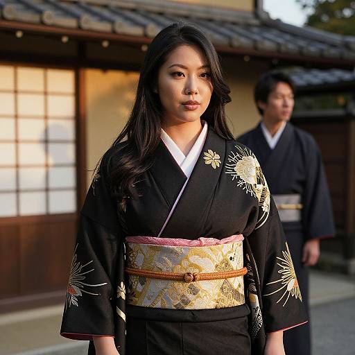 Photograph of an Asian woman with long black hair in a black kimono with gold floral patterns, standing in front of a traditional Japanese building, with