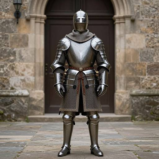 Photograph of a standing knight in full shiny medieval armor with a helmet, chainmail, and brown belt, in front of a stone archway with