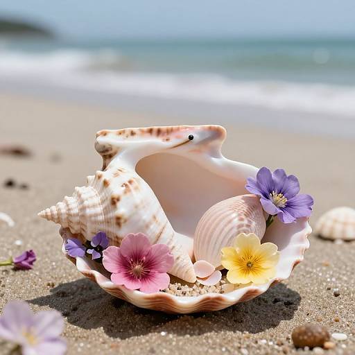 Photograph of a pink and white conch shell adorned with purple, pink, and yellow flowers, lying on a sunny beach with ocean waves in the