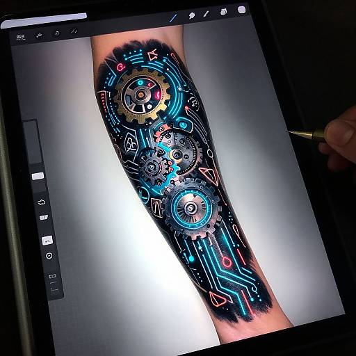 Digital drawing on a tablet of a cybernetic arm with glowing blue, red, and pink circuits and gears on a white background. A hand holds