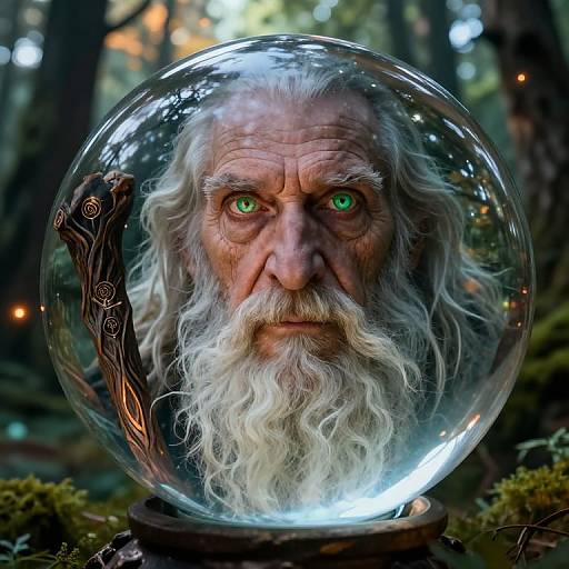 Photograph of an elderly wizard with white beard and intense green eyes, encased in a glowing glass orb, set in a mystical forest.