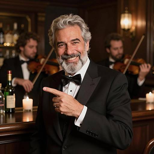 Smiling man in tuxedo pointing in elegant bar