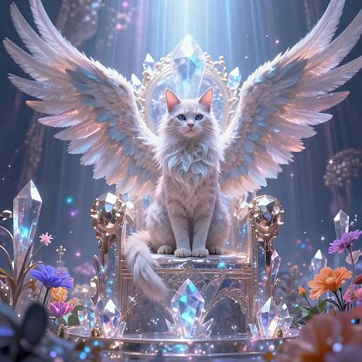 Digital artwork of a white, winged cat with glowing blue eyes, sitting on an ornate, crystal-studded throne amidst colorful flowers and crystals,