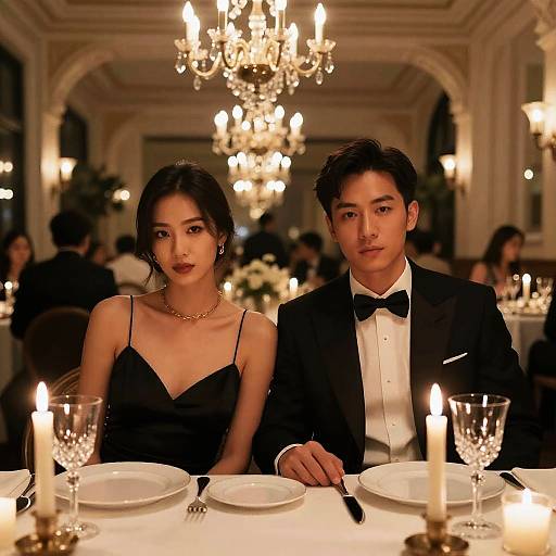 Photograph of an Asian couple in formal black attire, seated at an elegantly lit dining table with candles and a chandelier.
