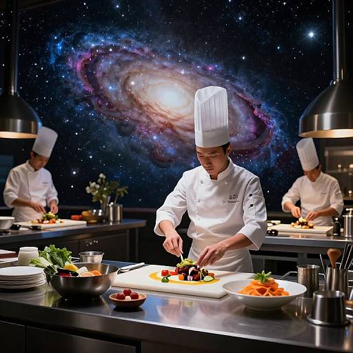 Photograph of three chefs in white uniforms and hats, preparing gourmet dishes in a modern kitchen with a cosmic galaxy mural backdrop. Bright lights, stainless steel