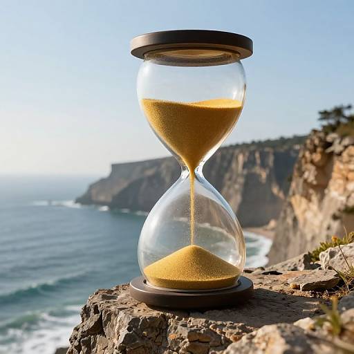 Photograph of a glass hourglass with golden sand, set on a rocky cliff, overlooking a coastal landscape with ocean waves.