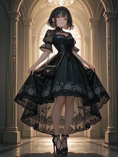 Elegant Woman in Sheer Black Mesh Dress