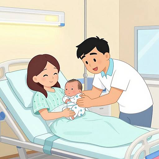 Digital illustration of a smiling Asian family in a hospital room: mother with brown hair in a green polka-dot hospital gown, father with black hair in