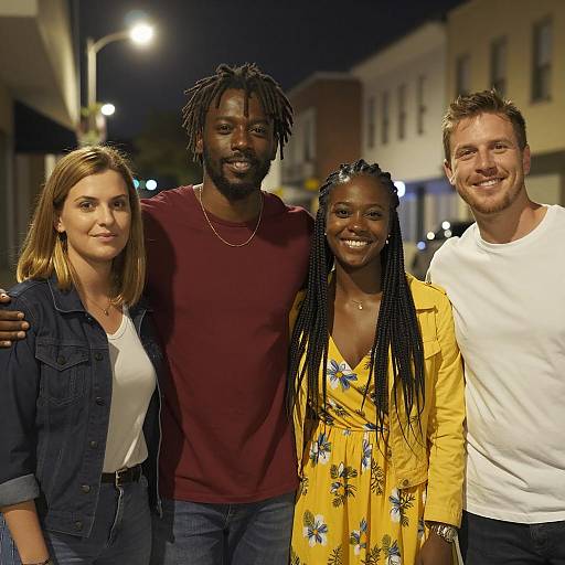 Nighttime City Scene with Four Friends