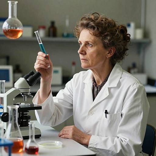 Photograph of a middle-aged woman with curly brown hair, wearing a white lab coat, holding a blue liquid in a test tube, examining it with