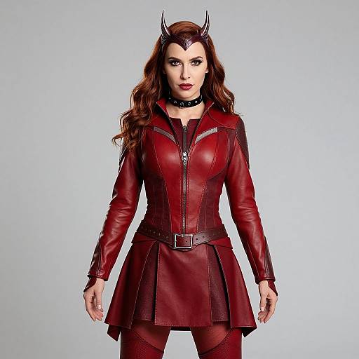 Photograph of a woman with long brown hair, wearing a red leather devil costume, including horns, choker, and skirt, against a plain white
