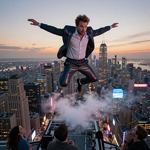 Man Leaping Over Neon Metropolis
