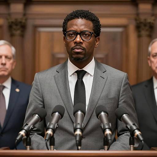 Serious Black Man Speaking at Podium
