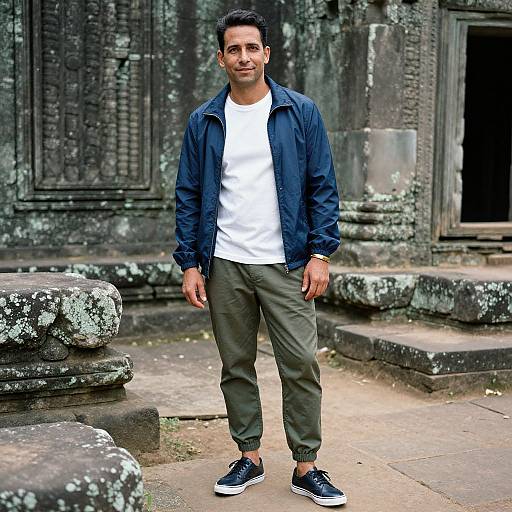 Photograph of a smiling South Asian man in a navy jacket, white t-shirt, olive pants, and black sneakers, standing in front of an ancient