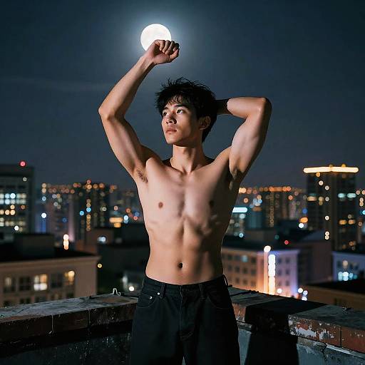Heroic Boy with Abs on Rooftop