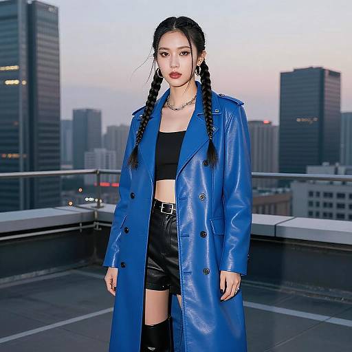Futuristic Woman in Blue Leather Coat
