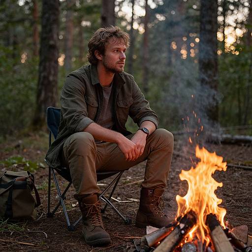 Rugged Man by Campfire at Sunset