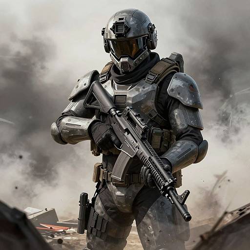 Digital artwork of a heavily armored soldier with helmet and visor, holding a rifle, amidst smoke and debris, in a war-torn environment.